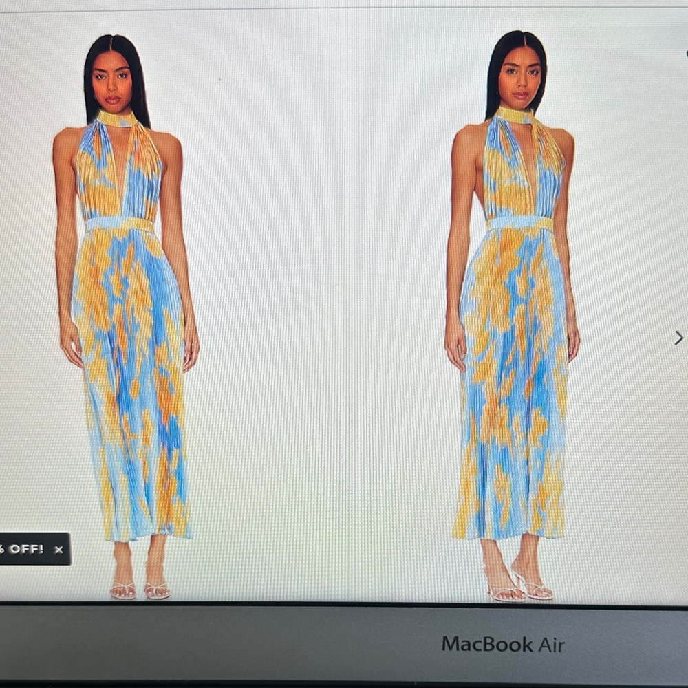 L'IDEE Backless Halter Midi Dress in Blue & Yellow Size US 4